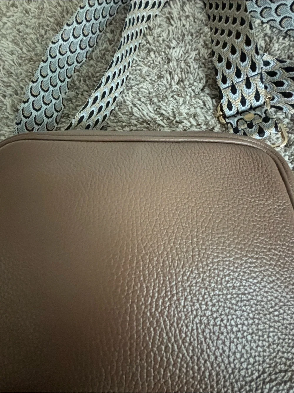 Everyday Crossbody Bag Pom Pom London Elie Beaumont  Taupe Patterned Strap nwot